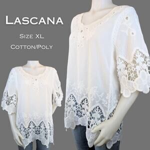 Lascana Tunic Top Large White Lace Crochet Hem Boho Coastal 1/2 Sleeve   
Beachy